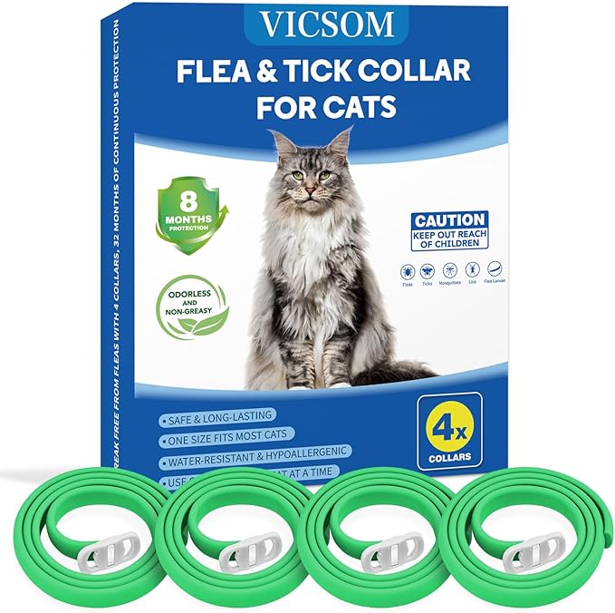 4 Pack Flea Collar for Cats, Cat Flea and Tick Collar 8 Months Prevention Cat Flea and Tick Treatment, Waterproof Adjustable Cat Flea Collar, Natural Anti Tick and Flea Collar for Kitten, Green