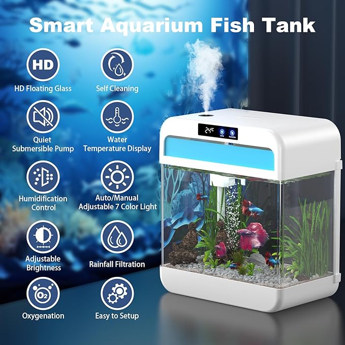 Fish Tank Aquarium 2.2 Gallon with Humidifier 7 Color Looping Light with Timer Self-Cleaning 3 in 1 Water Pump with Filteration & Oxygenation & Circulation, Temperature Display, HD Heat Bending Glass