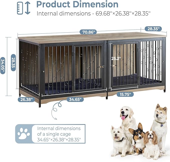 71'' Dog Crate Furniture for 2 Dogs, Wooden Double Dog Crate Large Breed with Cushion, XXL Indoor Dog Kennel TV Stand End Table with Divider for Large Medium Dogs, Grey