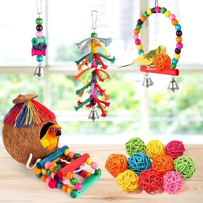 Bird Toys 17 Pcs Bird Parakeet Swing Chewing Hanging Toys Climbing Ladder Coconut Bird Cage Toys Suitable for Cockatiels,Conures,Finches,Budgie,Love Birds