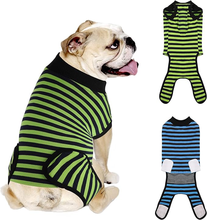 Dog Recovery Suit, 2 Packs, Breathable Cotton, Abdominal Wounds Protection, Anti-Licking Onesies for Male Female Pets, Surgery Bandages, Size S, Blue & Green Stripes