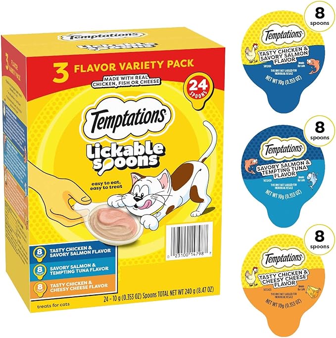 Temptations Lickable Spoons Adult Wet Cat Treat, 10 Grams, Variety Pack of 48