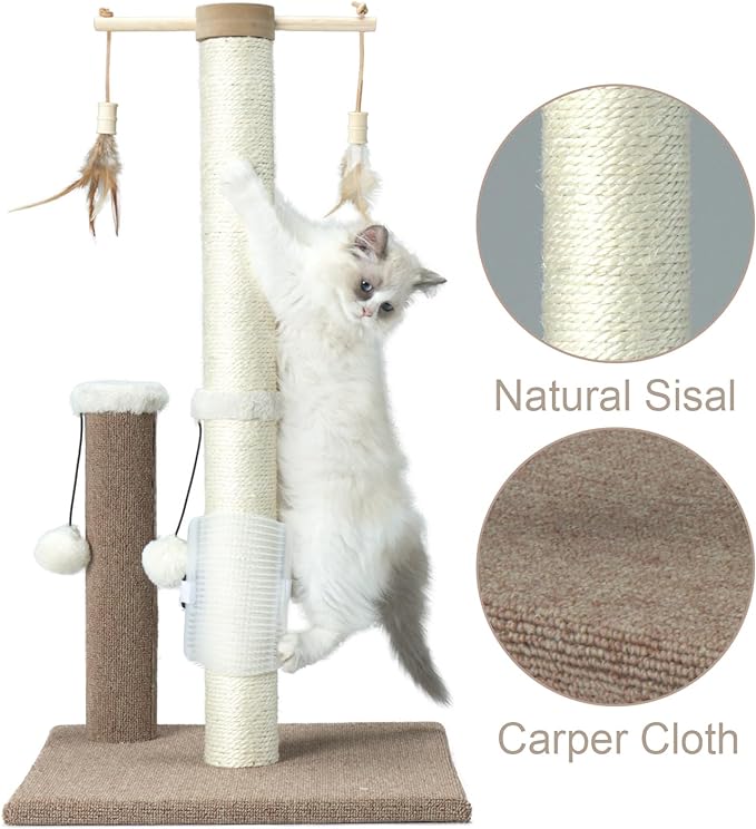 Cat Scratching Post 30in Tall Sisal Carpet Vertical Scratch Posts for Indoor Cats and Kittens,with Hanging Ball and Bursh Beige