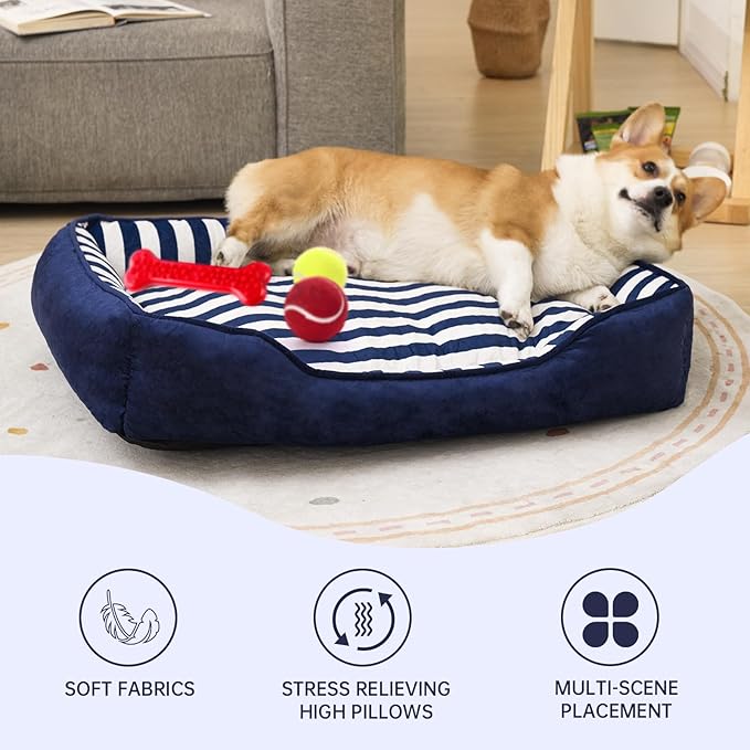 Dog Bed Medium Size Dog, Large Dog Beds with Orthopedic Memory Foam Dog Beds, Pet Beds for Large Dogs, Dog Bed with Removable Washable Cover, Blue & White Color, M, 35" L X 27" W X 6" Th