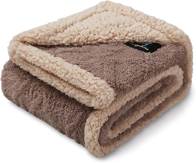 Waterproof Pet Blanket, Liquid Pee Proof Dog Blanket for Sofa Bed Couch, Reversible Sherpa Fleece Furniture Protector Cover for Small Medium Large Dogs Cats,Khaki Large（65" x 57"）