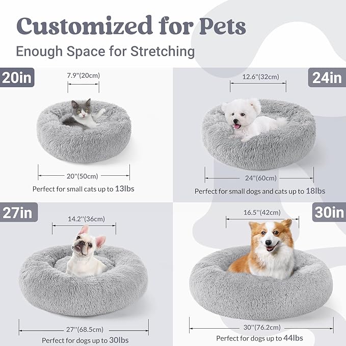 rabbitgoo Calming Dog Bed for Small Dog, 27 inches Pet Bed Washable, Fluffy Round Bed, Non-Slip Plush Large Cat Bed, Soft Cushion for Puppy, Light Grey