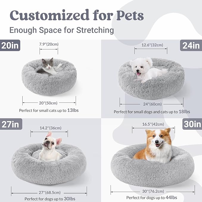 rabbitgoo Cat Beds for Indoor Cats, 24 inches Cat Bed Machine Washable, Fluffy Round Pet Bed Non-Slip, Calming Soft Plush Donut Cuddler Cushion Self Warming for Small Dogs Kittens, Light Grey, Large