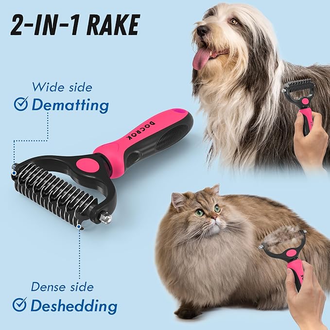 Pet Grooming Brush and Metal Comb Combo, Cat Brush Dog Brush for Shedding, Undercoat Rake for Dogs Grooming, Dematting Deshedding Brush Dogs Shedding Tool for Long matted Haired Pets, Pink