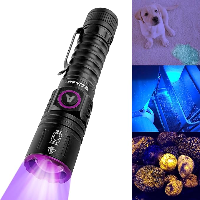 Eagou Diary UV Flashlights | 395nm 5W Black Light Flashlights | Mini Woods Lamp | Zoomable Ultraviolet Flashlight | Rechargeable Pet Urine Detector Light | Waterproof UV Flashlight for Pet Urine