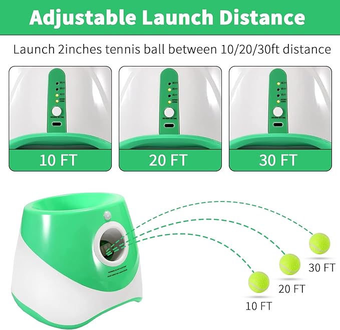 Automatic Dog Ball Launcher, Dog Ball Thrower Machine with 10-30Ft 3 Launching Distance, USB Rechargeable Dog Fetch Machine with 9 Tennis Balls for Indoor/Outdoor Throwing Game (Green)