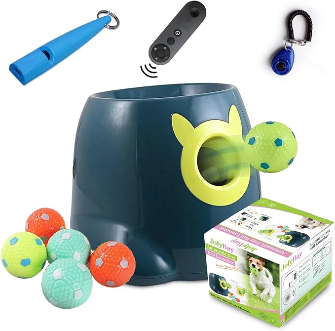 Automatic Dog Ball Launcher with Remote Control - Interactive Fetch Machine Thrower for Small and Medium Sized Dogs with 6 High-Bounce Washable Latex Balls, Training Clicker, and Whistle - Blue