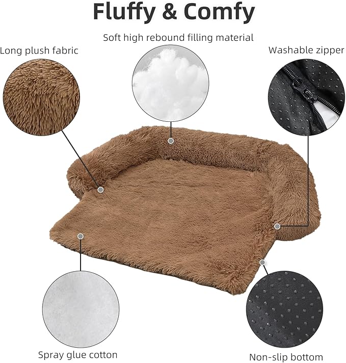 Calming Dog Bed Fluffy Plush Dog Mat for Furniture Protector with Removable Washable Cover for Large Medium Small Dogs and Cats (Extra Large (53x39.3x6), Brown)