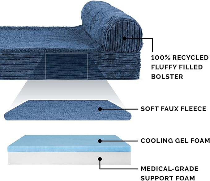 Furhaven Cooling Gel Dog Bed for Large Dogs w/ Removable Bolster & Washable Cover, For Dogs Up to 125 lbs - Fleece & Corduroy Bolster Chaise - Navy Blue, Jumbo Plus/XXL