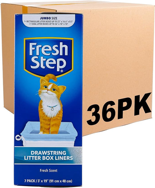 Fresh Step Drawstring Cat Litter Box Liners, Scented, Jumbo Size, 36" x 19" - 7 Count Per Box, 36 Boxes, Kitty Litter Bags, Cat Litter Liners for All Cats to Keep Your Home Clean