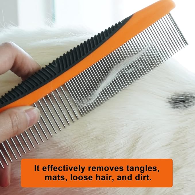 Metal Dog Comb, Cat Comb with Rounded and Smooth Ends Stainless Steel Teeth and NonSlip Grip Handle, Professional Dog Grooming Tools for Removes Tangles and Knots, Greyhound Comb, Pet Comb