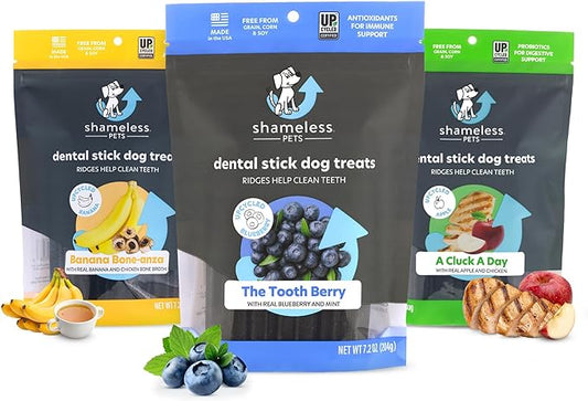 Shameless Pets Dental Treats for Dogs, Variety (3-Pack) - Healthy Dental Sticks for Teeth Cleaning & Fresh Breath - Dog Bones Dental Chews Free from Grain, Corn & Soy