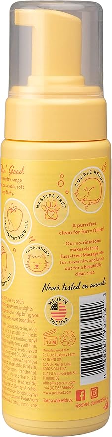 PET HEAD Felin’ Good Foam Shampoo for Cats 6.7 fl. oz. Fruity Scent. No-rinse and Quick-drying Cat Shampoo. Hypoallergenic with Natural & Vegan Ingredients. Gentle Formula for Kittens. Made in USA