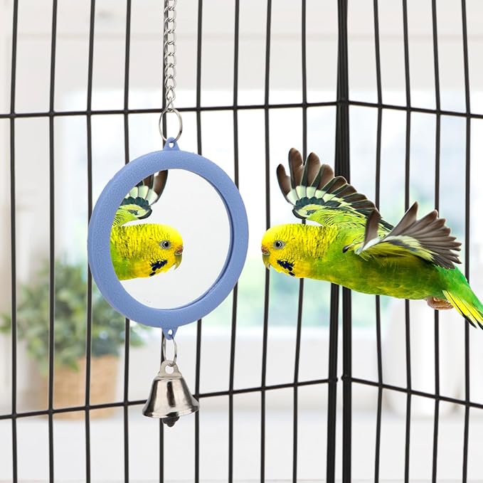 Pet Bird Mirror with Bell Interactive Parrot Toy Bird Cage Mirror for Cockatiel Parakeets Canaries Budgie (BLUE)