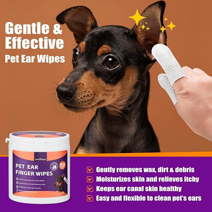 Ear Cleanser Relief Finger Wipes | Ear Cleaning Finger Wipes for Dogs and Cats | Disposable Pet Ear Cleaner Wipes | Relieve Itching & Remove Odor | Ear Care Wipes for Pet (100 Counts)