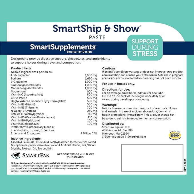 SmartPak SmartShip & Show Paste Travel Ready Probiotics & Prebiotics | Enriched for Digestive Health to Support Your Horse During Trailering, Competition & Stress, Butterscotch Flavor, Pack of 6 Tubes