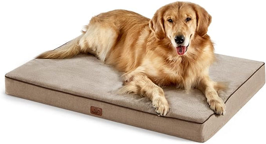 Bedsure Memory Foam Dog Bed for Extra Large Dogs - Orthopedic Waterproof Dog Bed for Crate with Removable Washable Cover and Nonskid Bottom - Plush Flannel Fleece Top Pet Bed, Khaki