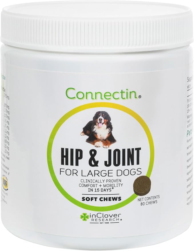 In Clover Connectin Hip and Joint Tablet Supplement for Large Dogs. Combines Glucosamine, Chondroitin and Hyaluronic Acid with Herbs for Comfort and Mobility