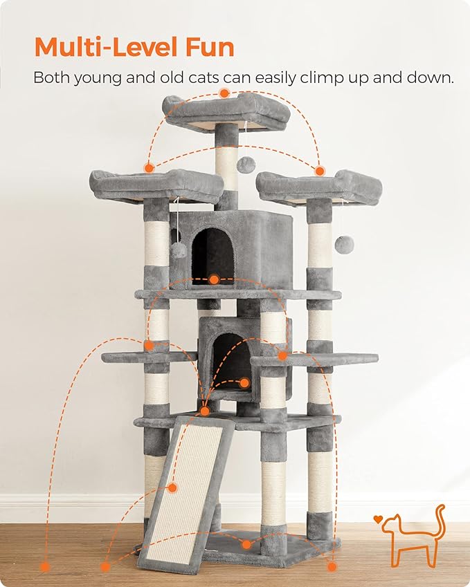 FEANDREA 67-Inch Multi-Level Cat Tree for Large Cats, with Cozy Perches, Stable, Light Gray UPCT18W