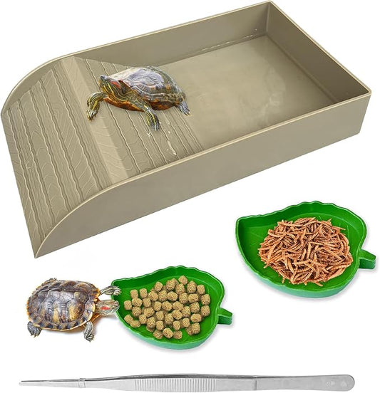 Tortoise Feeding Dish with Ramp and Basking-Platform - Leaf Tortoise Water Food Bowls, Reptile Water Dish Amphibians Habitat, Reptile Water Bowl Fit for Amphibians with Forcep Cleaning Clip