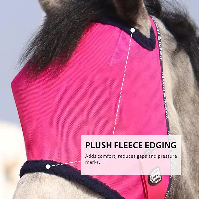 Harrison Howard All Round Mesh Horse Fly Mask UV Protective with Fleece Padded Edging Magenta L