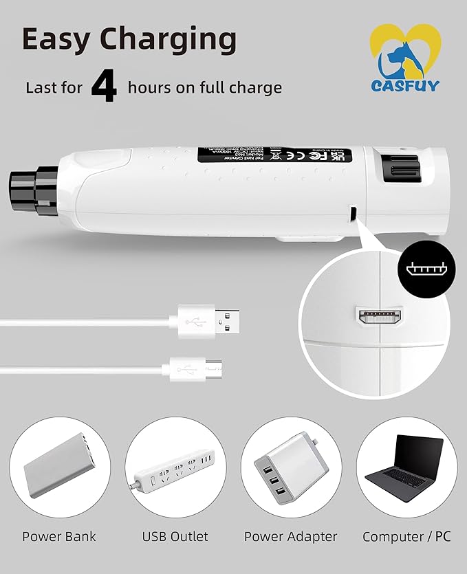 Casfuy Dog Nail Grinder Quiet - (45db) 6-Speed Pet Nail Grinder with 2 LED Lights for Large Medium Small Puppy Dogs/Cats, Professional 3 Ports Rechargeable Electric Dog Nail Trimmer with Dust Cap