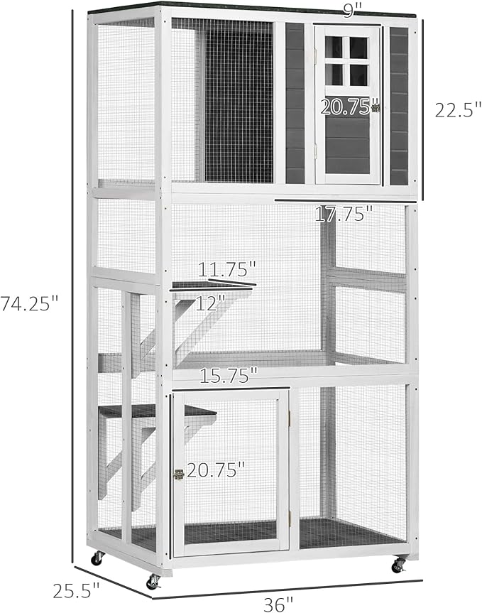 74 Inch Wooden Catio Outdoor Cat Enclosure on Wheels, Luxury Kitty-House with Resting House, 2 Jumping Platforms & Weatherproof Asphalt Roof, Kitty Condo Cage Shelter Playpen