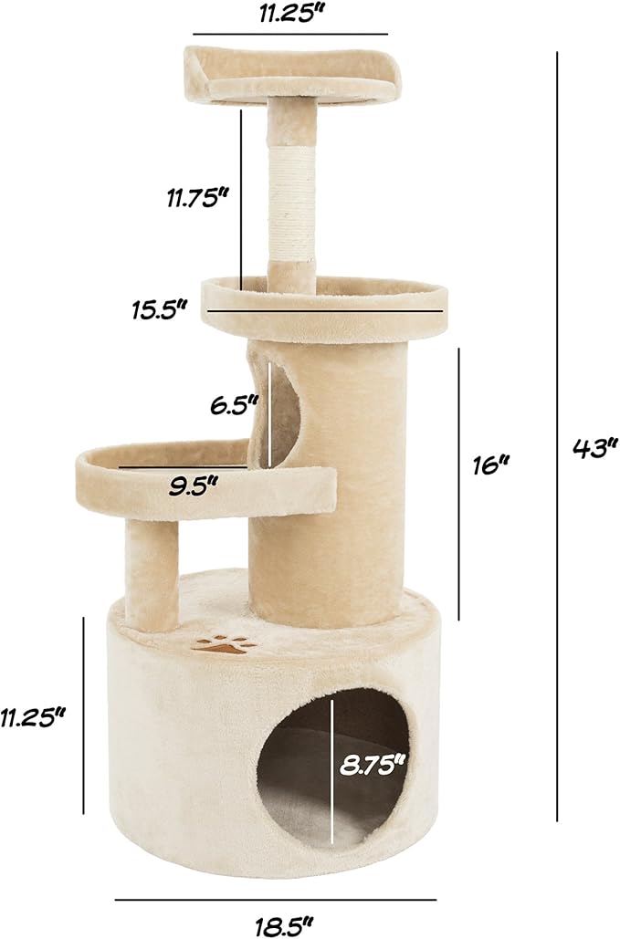 PETMAKER Cat Tree Condo with Tunnel 4 Tier with Scratching Post, 43", Tan