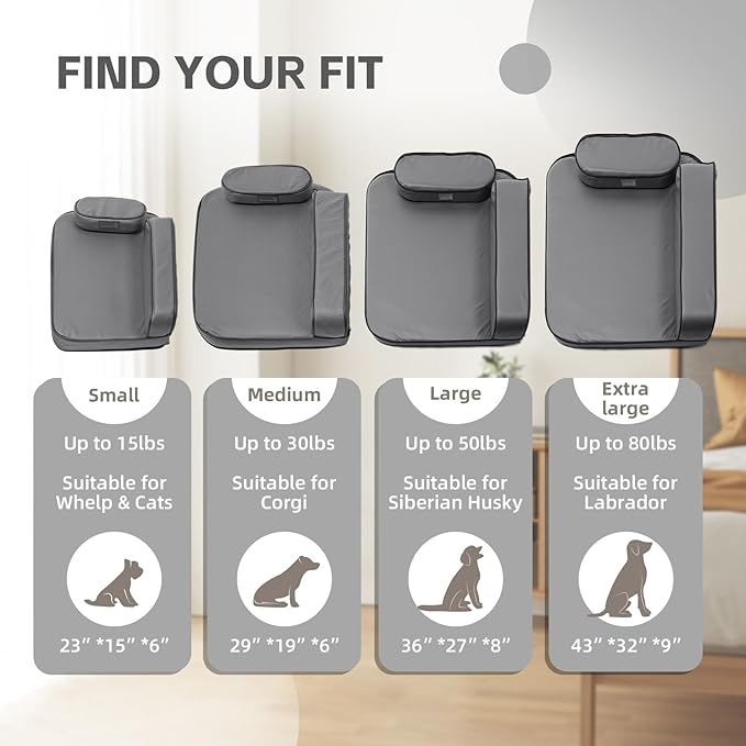 Dog Bed for Large Dogs, Easy Clean Dog Sofa Air-Leather-Fabric Pet Bed, Stain & Waterproof Dog Bed with Memory Foam & Washable Cover, with Pillow & Side Cushion, Gray, L Size