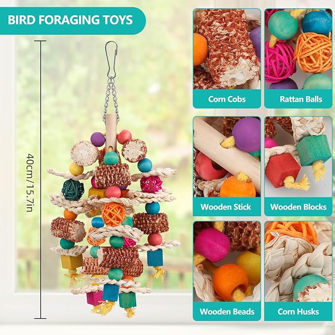 lovyoCoCo Parrot Toys Bird Toys Natural Corn Cob Bird chew Toys for Small and Medium-Sized Macaws,African Grey,Cockatoos,Amazon Parrots,Parakeet,Cockatiel,Sun Conure, Lovebird with Wooden Blocks
