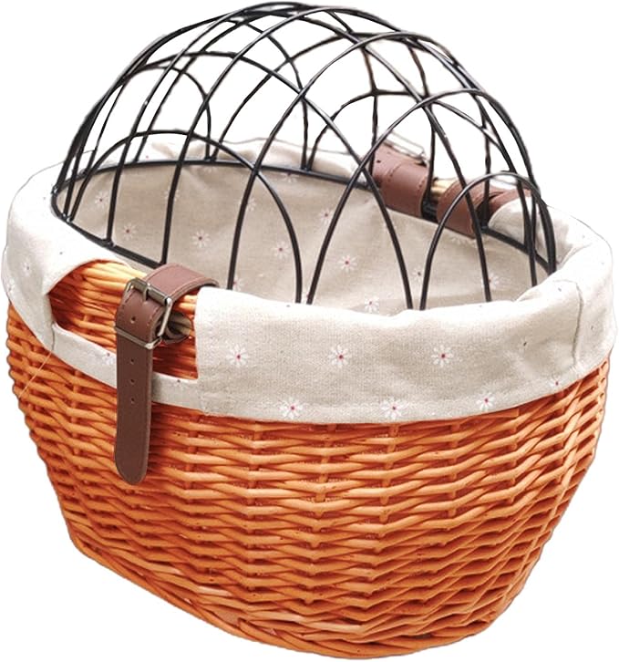 Bike Pet Carrier, Bike Basket for Small Dogs Cats Pet Carrier Front Basket with Wire Mesh Cover (Honey Color)