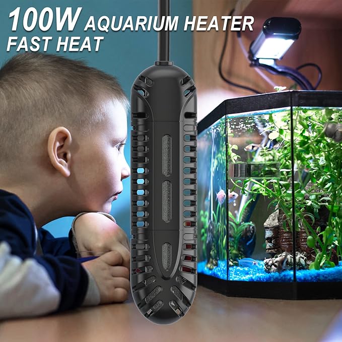 HiTauing Aquarium Heater, 100W Fish Tank Heater with LED Digital Display & 5 Safety Protection, Submersible Aquarium Heater with 2 Suction Cup and 5.9Ft Cord for 10-20 Gallon Fish Tank.