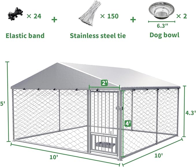 Large Outdoor Dog Kennel with Roof, 10'×10' Outside Dog Kennel Heavy Duty Dog Run Fence with Waterproof Sun-Proof Cover and 2 Stainless Steel Dog Bowl