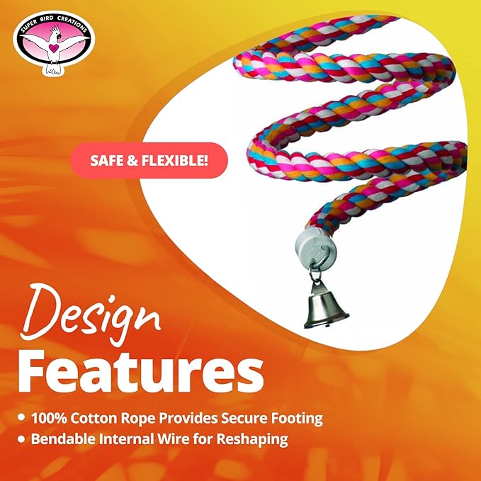 Super Bird Creations - SB325 Large Bungee Bird Toy - Rope Perch for African Greys, Eclectus, Small Cockatoos, Amazons - Colorful Hanging Perch - Enriching Bungee Toy for Large Birds & in Bird Cages