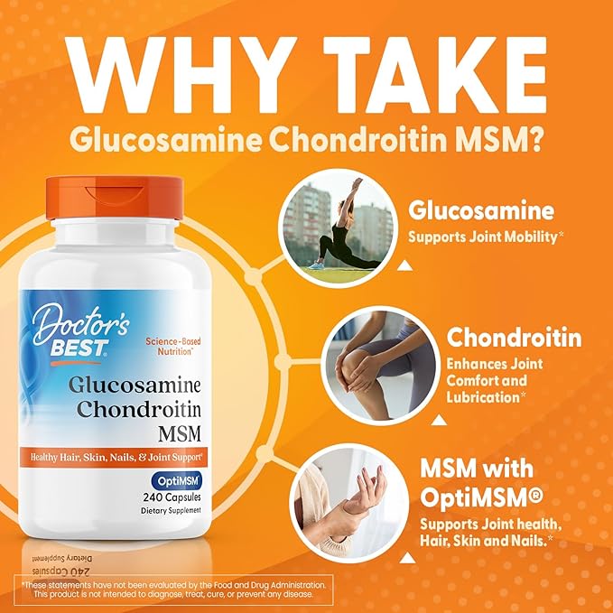 Doctor's Best Glucosamine Chondroitin Msm with OptiMSM Capsules, Supports Healthy Joint Structure, Function & Comfort, Non-GMO, Gluten Free, Soy Free, 240 Count (Pack of 1)