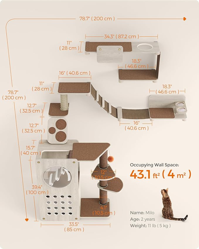 Feandrea Clickat Land - Cat Wall Furniture, Set of 7, Cat Tree, Cat Wall Shelves, Hammock, Stairs, Feeding Station, Extremely Quick Assembly, Unlimited Expandability, Replaceable Module and Parts