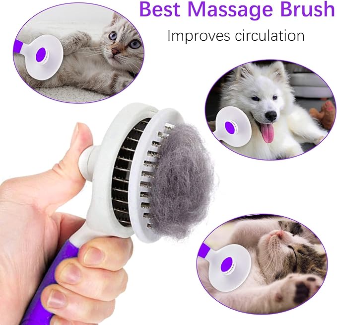 Cat Grooming Brush, Self Cleaning Slicker Brushes for Dogs Cats Pet Grooming Brush Tool Gently Removes Loose Undercoat, Mats Tangled Hair Slicker Brush for Pet Massage-Self Cleaning Upgraded (PURPLE)