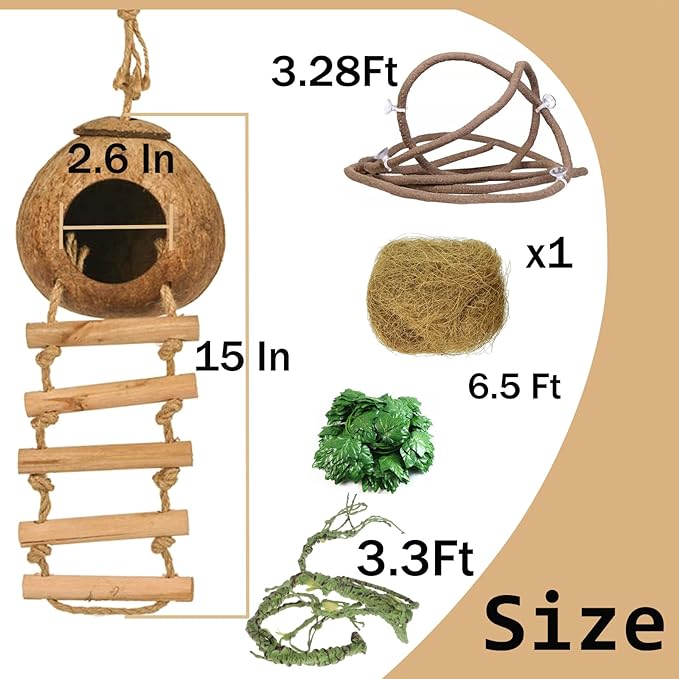 Crested Gecko Tank Accessories, Reptile Vines and Plants Coco Hut Coconut Shell with Ladder Hideout Cave Habitat Decor for Climbing Lizard Leopard Gecko Tortoise Amphibians Hermit Crab