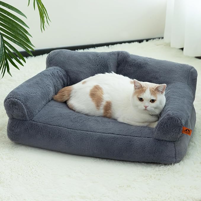 Hollypet Fluffy Plush Dog Cat Pet Sofa Couch Soft Calming Pet Beds for Medium Small Cats and Dogs, Gray