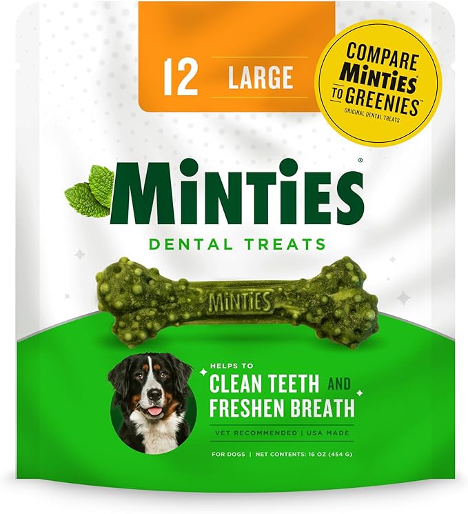 Minties Dental Chews for Dogs, 12 Count, Vet-Recommended Mint-Flavored Dental Treats for Large Dogs Over 50 lbs, Dental Bones Clean Teeth, Fight Bad Breath, and Removes Plaque and Tartar