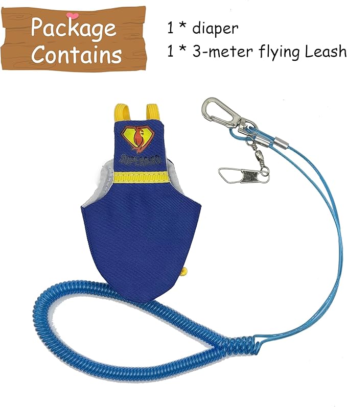 NABOO Bird Diapers,Flight Suit Clothes,Animal Incontinence Protector with 90in Meter Flying Leash Superbird Blue,130-150mmx60mm,Large