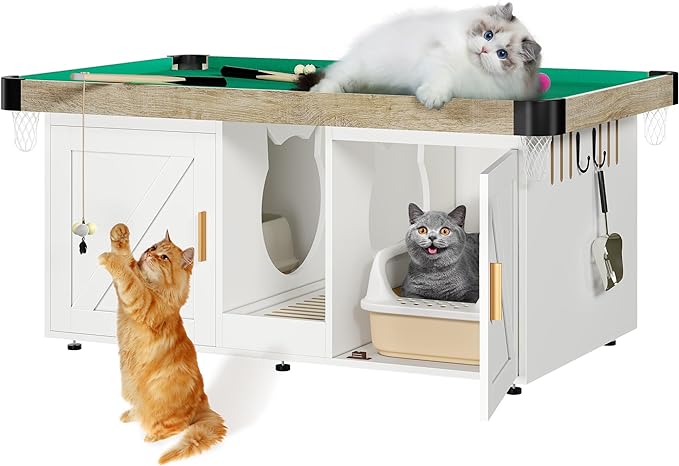 DWVO Cat Litter Box Enclosure for 2 Cats, Litter Box Enclosure Furniture Hidden with Double Room, 2-in-1 Wooden Cat Cabinet with Mini Pool Table Tower, 2 Feather Teaser Sticks & 8 Felt Balls, White