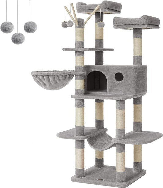 FEANDREA Cat Tree, Large Cat Tower, 64.6 Inches, Cat Activity Center with Hammock, Basket, Removable Fur Ball Sticks, Cat Condo, Light Gray UPCT087W01