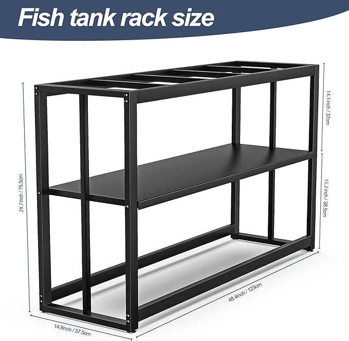 55-75 Gallon Fish Tank Stand Metal Aquarium Stand Black Aquarium Turtle Tank Double Layer with Storage Weight Capacity 980lbs 48.4" L * 14.8" W * 29.7" Breeder Reptile Tank Stand