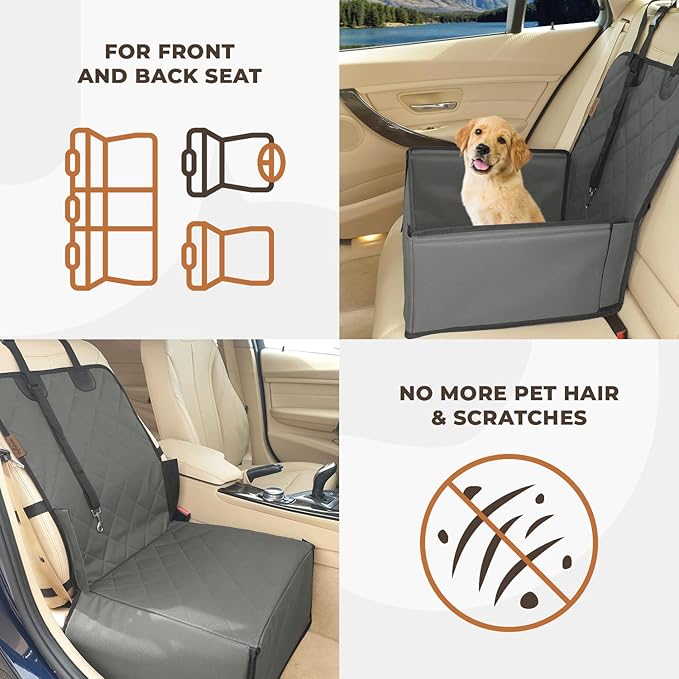 Extra Stable Dog Car Seat - Robust Car Dog Seat or Puppy Car Seat for Small to Medium-Sized Dogs - Reinforced Walls and 3 Belts - Waterproof Pet Car Seat for Back and Front Seat (Grey/Black)