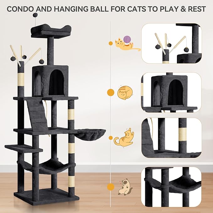 YITAHOME 64.5" Cat Tree, Multi-Level Cat House, Large Cat Condo Furniture with Perch Hammock, Scratching Posts and Dangling Balls for Kittens, Cats and Pets,Dark Gray